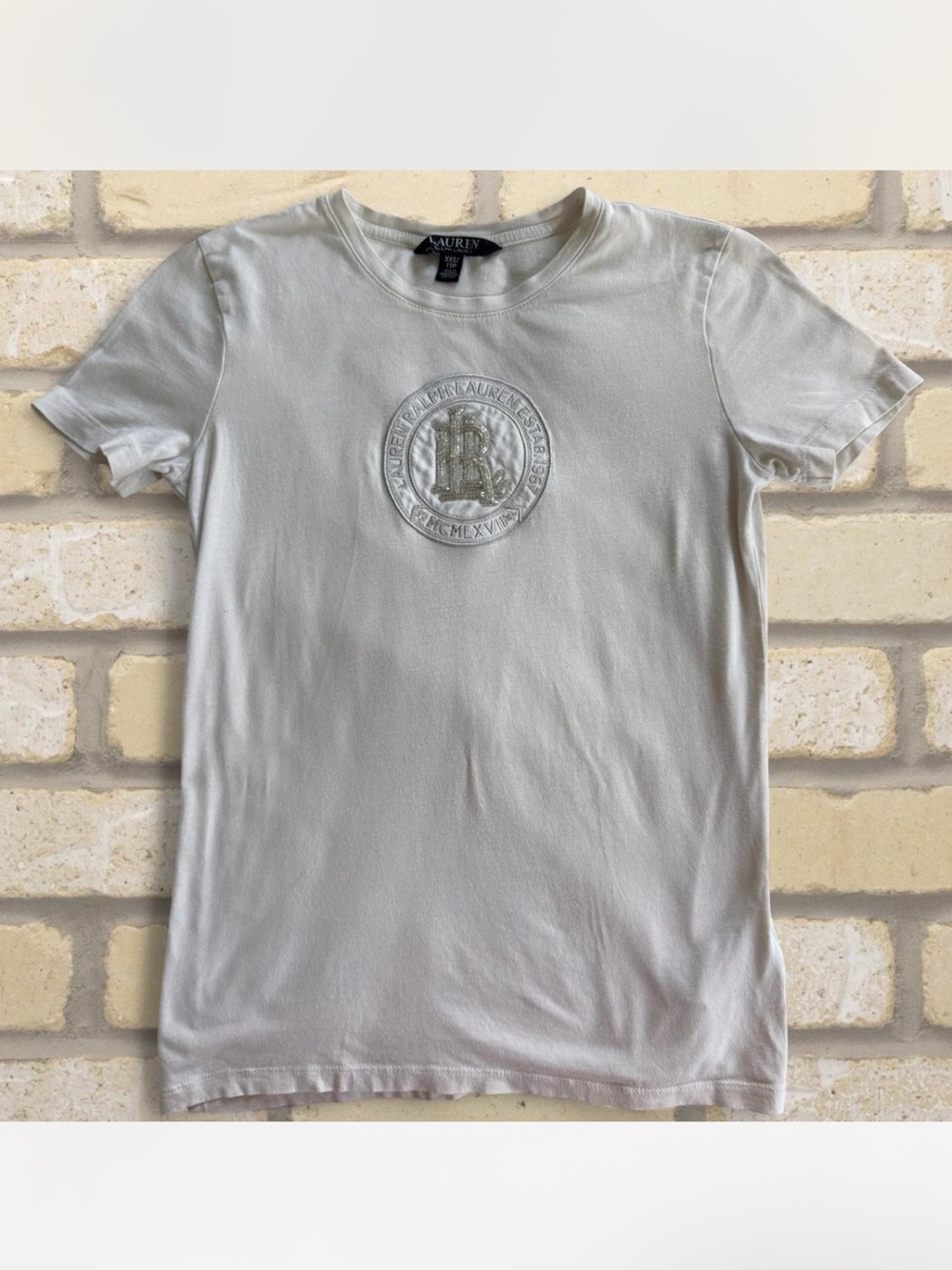 Ralph Lauren Ivory Tee With Embroidered Silver Logo Size XXS